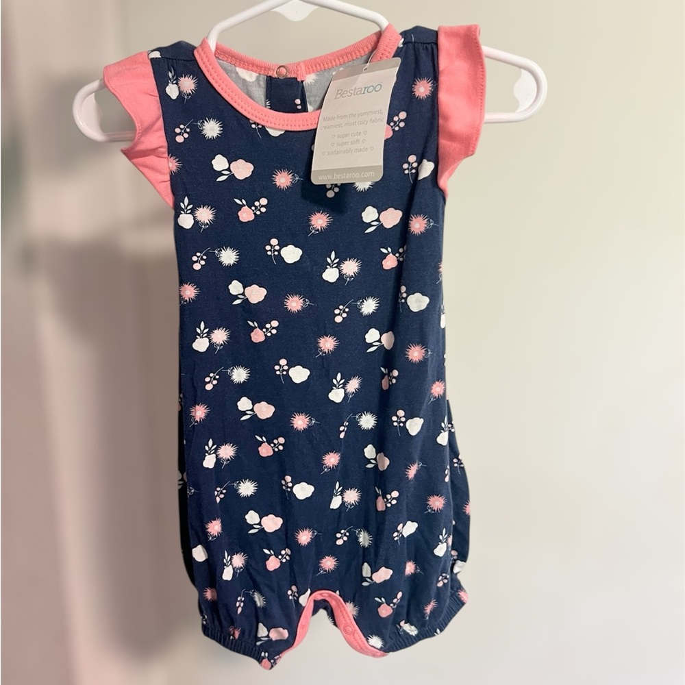 Bestaroo Baby Navy Pink Floral Ruffle Sleeve Romper 3-6 Months NWT